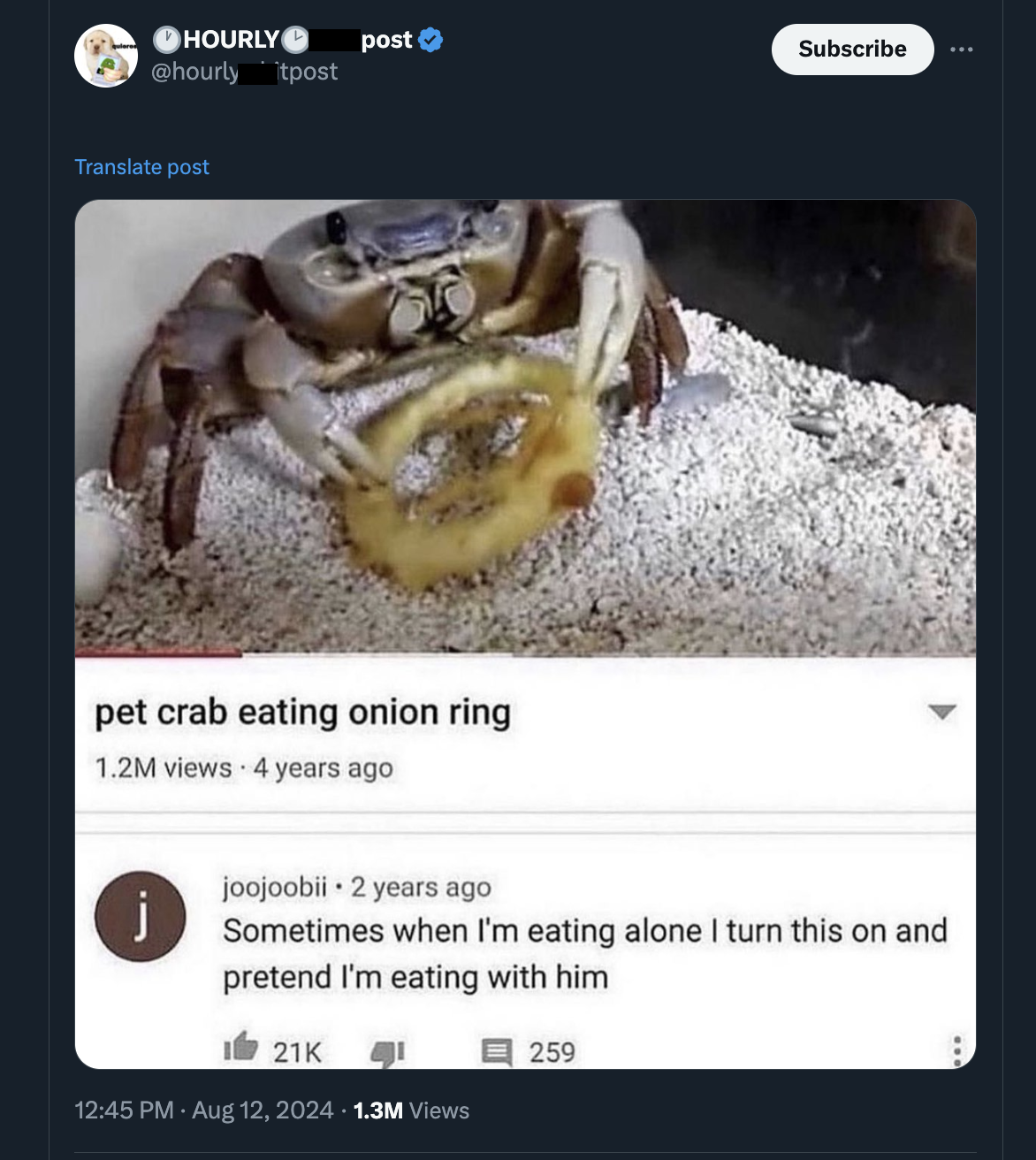 pet crab eating onion ring - Hourly tpost Translate post post Subscribe pet crab eating onion ring 1.2M views 4 years ago joojoobii 2 years ago Sometimes when I'm eating alone I turn this on and pretend I'm eating with him 1.3M Views 259